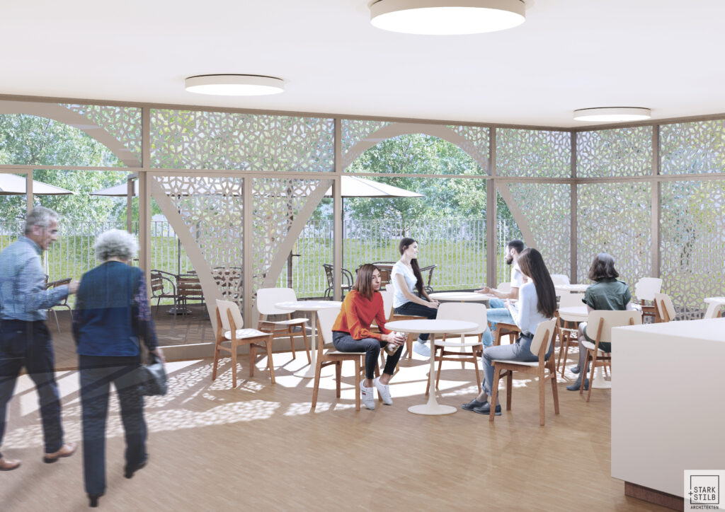 Konzept & Bau: Drei-Religionen-Kita-Haus Architekturentwurf Innenansicht Foyer & Café, (c) Stark+Stilb Architekten